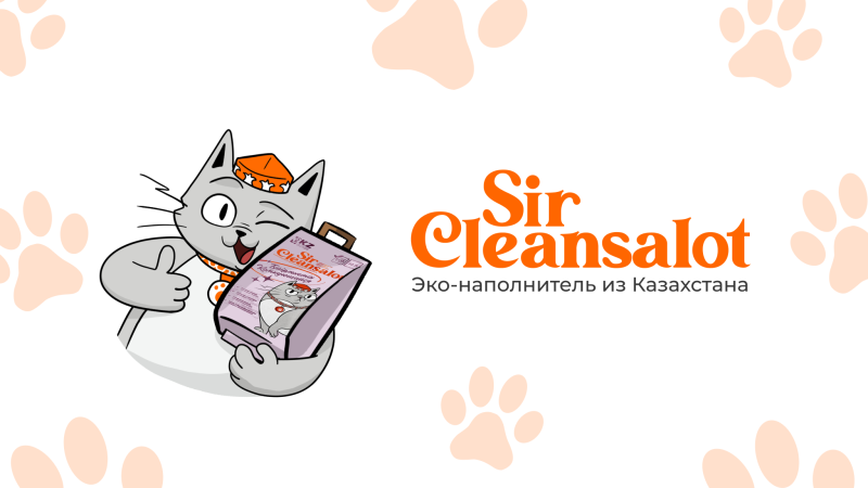 A cartoon grey cat in an orange hat and scarf winks and gives a thumbs-up, holding a package of "Sir Cleansalot" eco-filler from Kazakhstan. The package features a cat character and the text "Биоразлагаемый комкующийся наполнитель" (Biodegradable clumping filler), all on a white background with orange paw prints.
