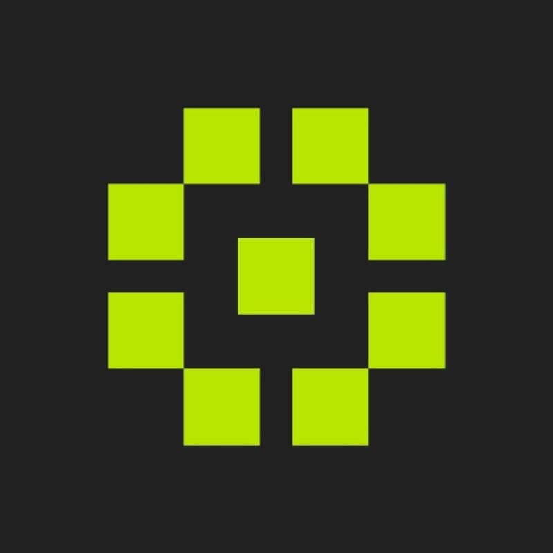 A symmetrical pattern of nine lime green squares arranged in a gear-like shape on a dark grey background.