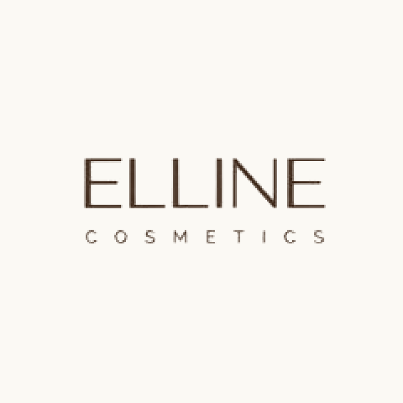 A logo featuring the word "ELLINE" in large, dark brown letters, positioned above "COSMETICS" in smaller, spaced-out lighter brown letters, all on a light beige background.
