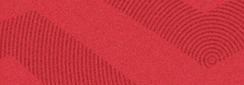 A vibrant red textured background features subtle darker red patterns, including vertical wavy lines on the left and concentric arcs on the right.