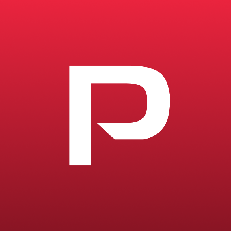 A white, stylized letter P is centered on a solid red background.