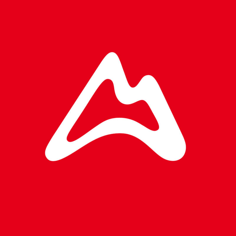 A white abstract mountain-like shape or a stylized letter 'M' on a solid red background.
