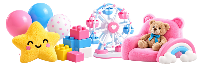 A collection of children's toys and decorations, including pink and blue balloons, a yellow star plush, colorful building blocks, a pink and blue Ferris wheel, a teddy bear in a pink armchair, and a rainbow decoration, all arranged on a white background.