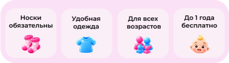 Four pink panels on a lighter pink background, each featuring text and an icon: 'Socks are mandatory' with pink socks, 'Comfortable clothes' with a blue t-shirt, 'For all ages' with a family icon, and 'Free up to 1 year' with a baby face.
