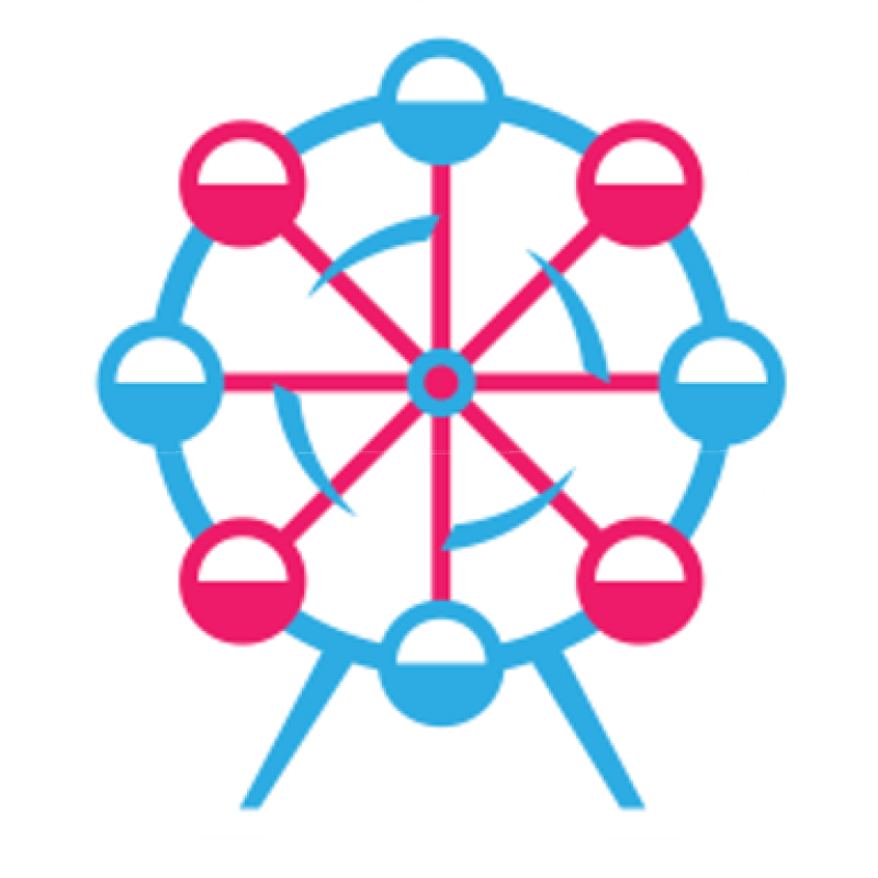 An icon of a Ferris wheel with a blue frame and supports, pink spokes radiating from a central hub, and alternating blue and pink gondolas, all on a white background.