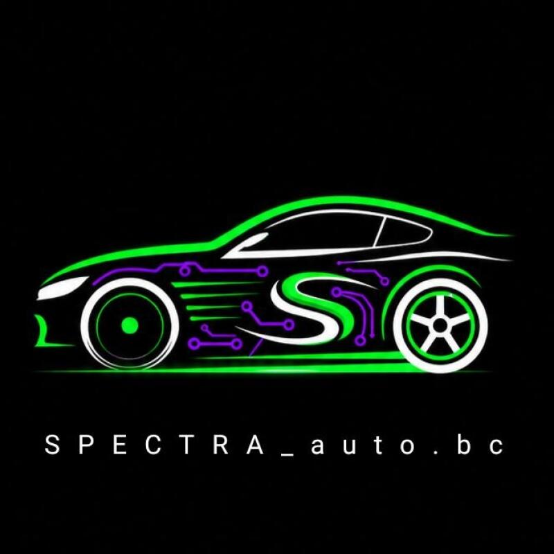 A green and white car outline with purple circuit board patterns inside and a white 'S' logo, with the text 'SPECTRA_auto.bc' below on a black background.