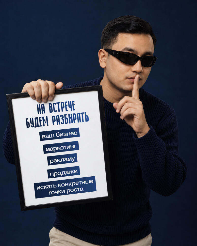 A man in black sunglasses and a dark blue sweater holds a white sign with a black frame, making a "shhh" gesture with his finger to his lips. The sign displays blue text: "AT THE MEETING WE WILL ANALYZE your business, marketing, advertising, sales, look for specific growth points."