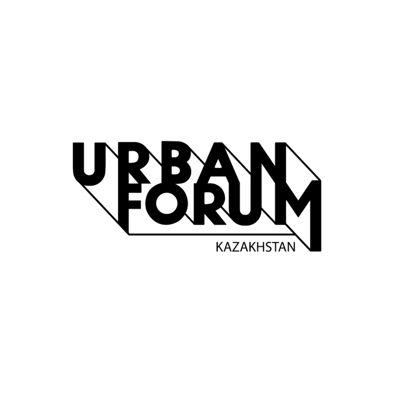 Черно-белый логотип содержит расположенный в два ряда текст «URBAN FORUM» с эффектом 3D-перспективы и слово «KAZAKHSTAN», написанное под ним.