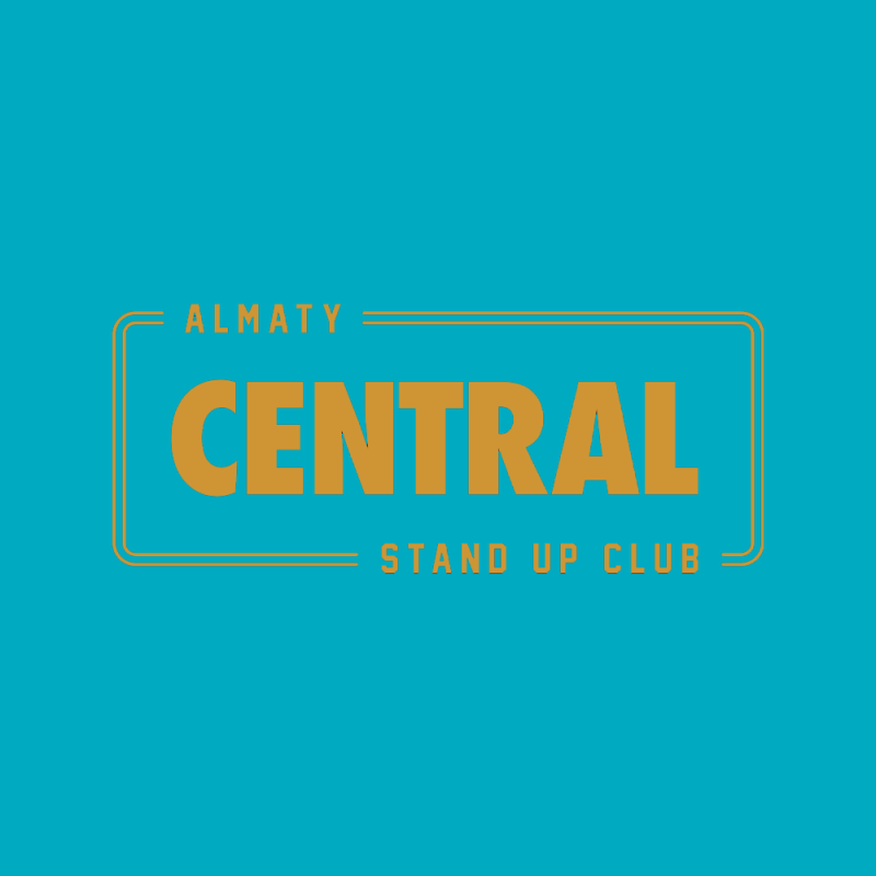 The image features a logo for "Almaty Central Stand Up Club" in orange against a teal background, enclosed within a stylized rectangular border.