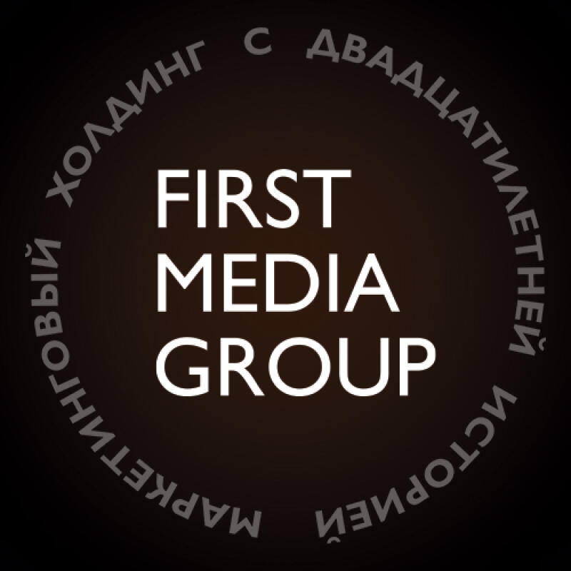 The image features the words "FIRST MEDIA GROUP" in large, white font at the center, surrounded by Russian text in a circular pattern around the edge.