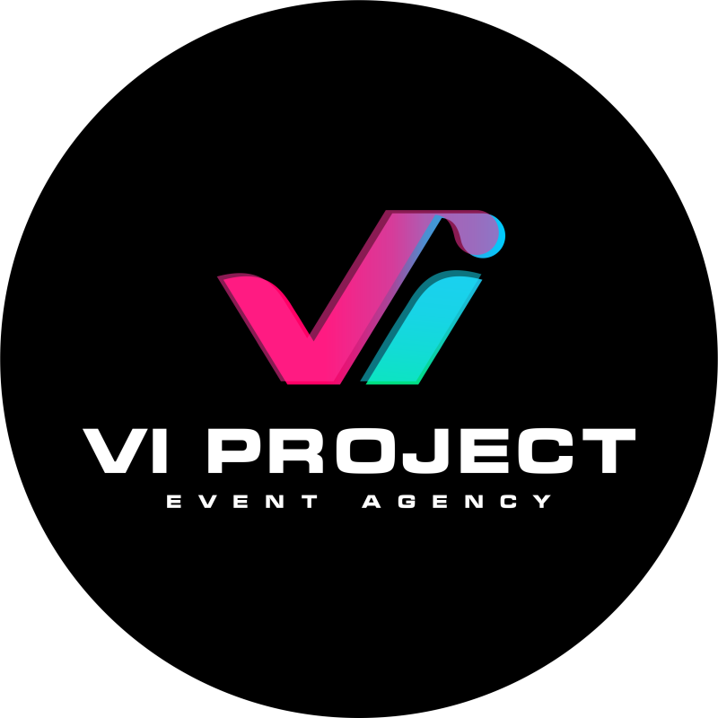The image features a logo for 'VI PROJECT EVENT AGENCY' set against a black background, with a stylized, colorful 'VI' symbol above the text.