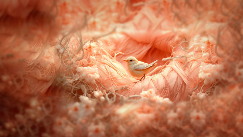 A small, light-colored bird rests on a soft, coral-colored surface surrounded by delicate, fluffy white and coral accents.