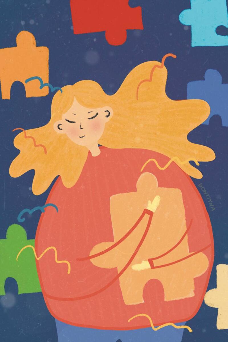 A digital illustration shows a woman with closed eyes hugging a puzzle piece, surrounded by other puzzle pieces in the background, on a textured blue backdrop. The artist's signature, 'DONTIYNA,' is visible on the right side.