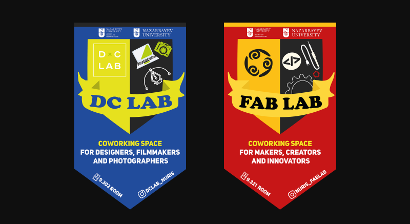 Two pennant banners, one blue for 'DC Lab' with icons for designers, filmmakers, and photographers, and one red for 'Fab Lab' with icons for makers, creators, and innovators, both indicating they are coworking spaces associated with Nazarbayev University.