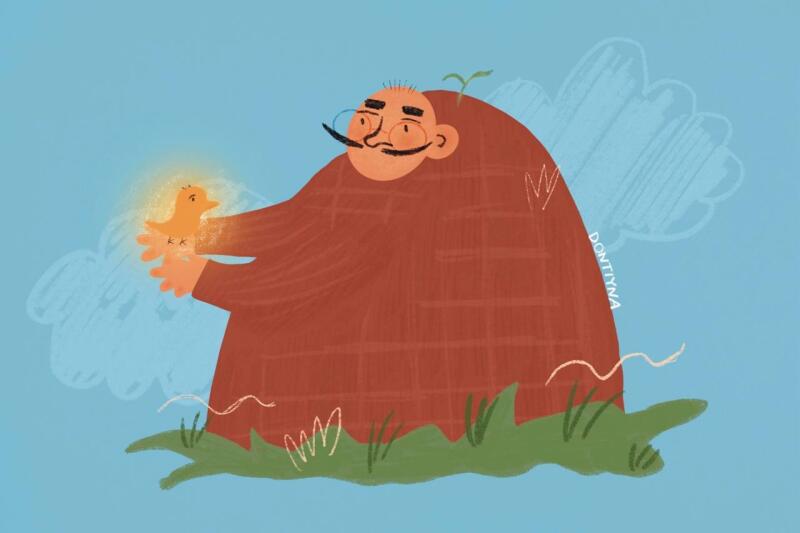 The illustration shows a large, reddish-brown man with a mustache and glasses holding a glowing yellow bird in his hands, standing on green grass against a blue sky with clouds.