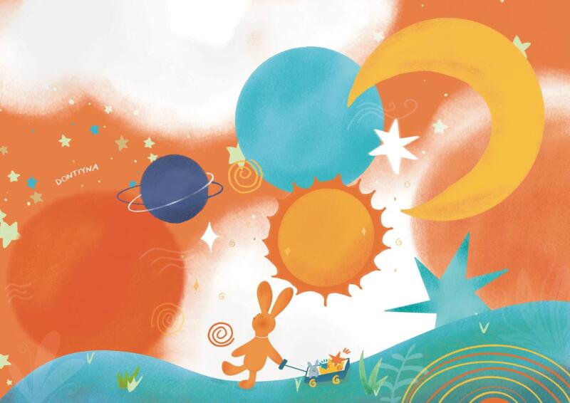 A cartoon illustration features a rabbit pulling a wagon filled with stars against a backdrop of planets, stars, a sun, and a moon, set on a teal and orange background with the text 'DONTYINA'.