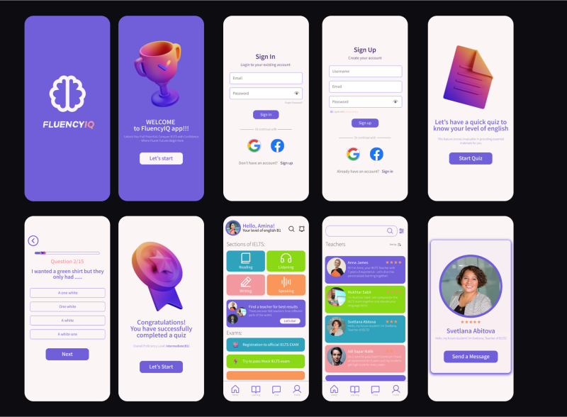 The image displays a series of mobile app interface screens for an English language learning application, including a welcome screen with the app's logo, sign-in and sign-up pages, a quiz interface, a congratulations screen, a section for IELTS practice, and teacher profiles.