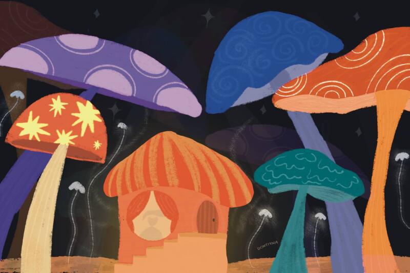 The image shows a whimsical scene with a small house surrounded by large, colorful mushrooms under a night sky.