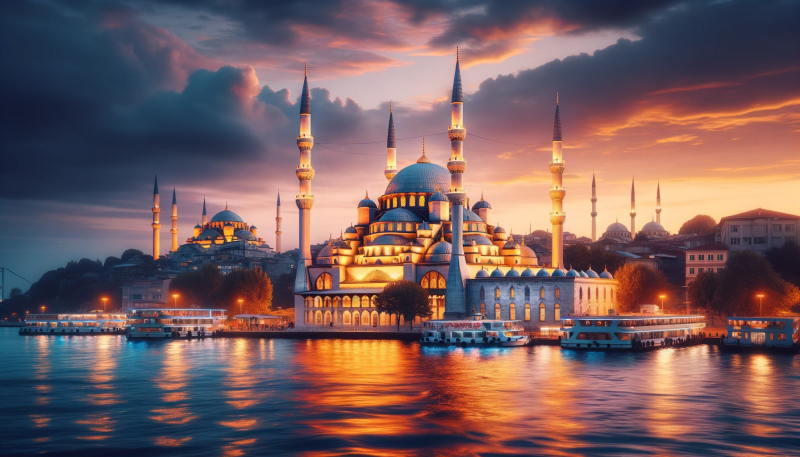 The image shows illuminated mosques with minarets on the shore, with boats on the water reflecting the lights of the setting sun.