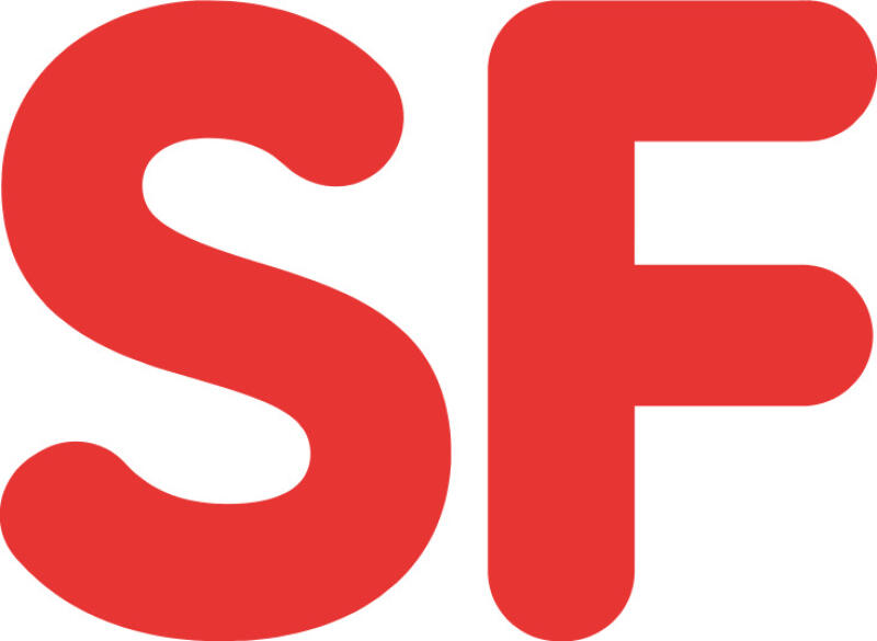 The image shows the letters 'SF' in a bold, red font against a white background.
