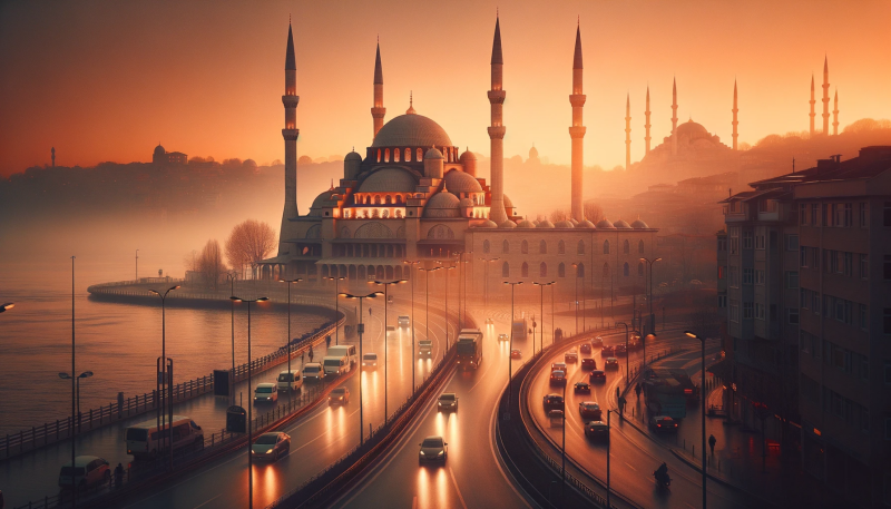 A cityscape featuring a large mosque with multiple minarets under an orange sky, alongside a busy road with cars and city buildings.
