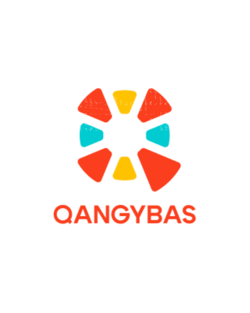 A logo featuring a circular arrangement of stylized red, yellow, and turquoise shapes, with the red text "QANGYBAS" below it on a white background.