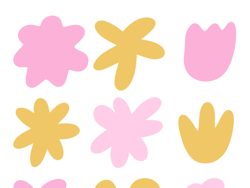A pattern of abstract, organic shapes in pink and golden yellow on a white background.