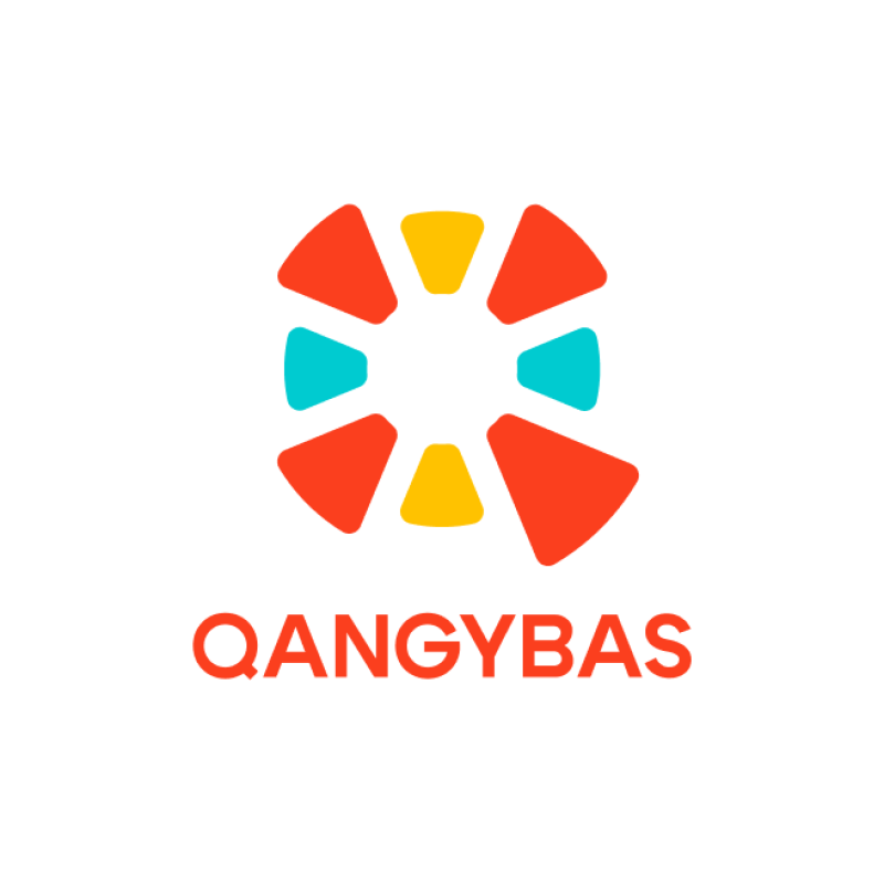 The image features a logo with the text "QANGYBAS" in orange below an abstract, circular design composed of orange, yellow, and turquoise rounded triangles. The design elements are arranged around a central white circle.
