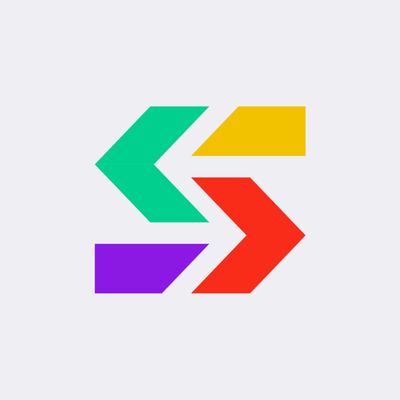 The image features a stylized letter "S" formed by four arrow-shaped segments in different colors: green, yellow, red, and purple on a white background.