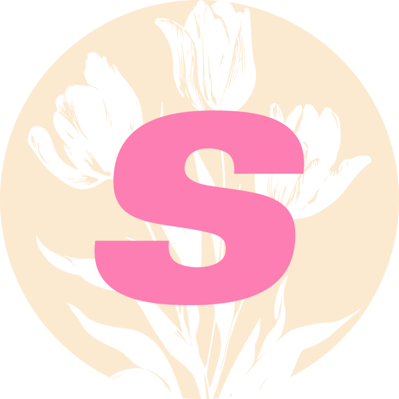 A pink letter "S" is centered on a light beige circular background, which features faint white outlines of tulips and leaves.