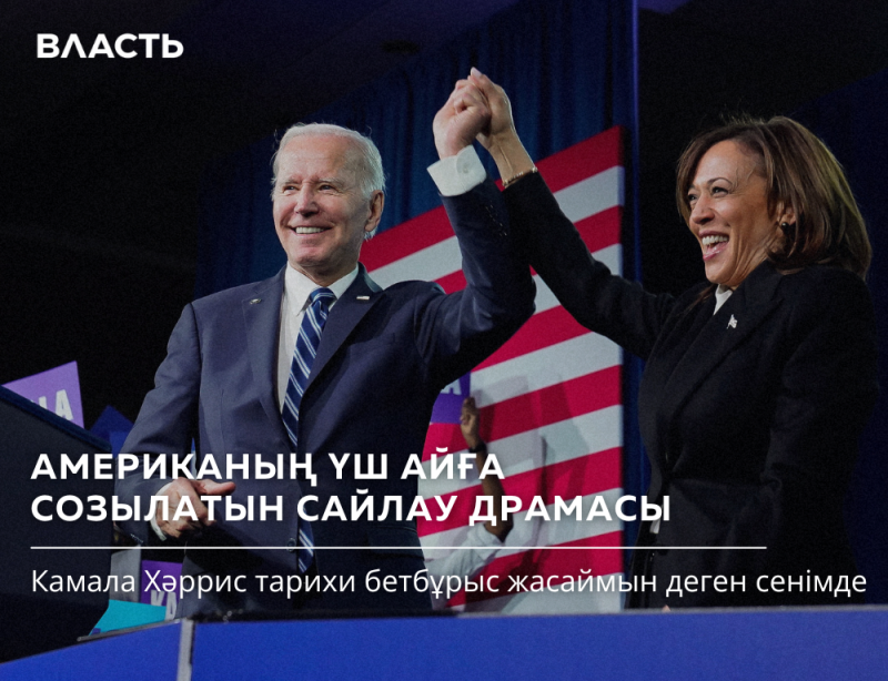 Joe Biden and Kamala Harris are standing on stage, holding hands and smiling, with a backdrop of the American flag; text overlay in Kazakh reads, "АМЕРИКАНЫҢ ҮШ АЙҒА СОЗЫЛАТЫН САЙЛАУ ДРАМАСЫ Камала Хэррис тарихи бетбұрыс жасаймын деген сенімде" and the word "ВЛАСТЬ" is in the upper left.