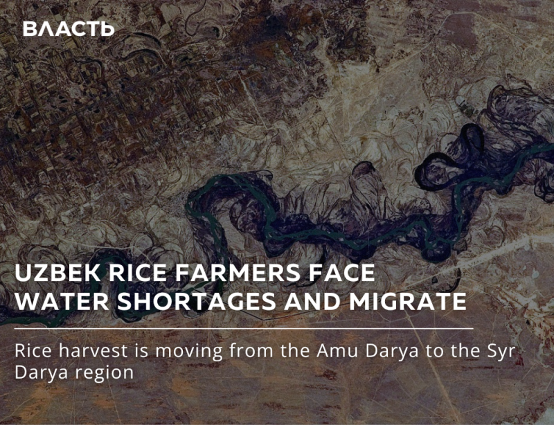 An aerial view shows a landscape with river systems, accompanied by the text "ВЛАСТЬ," "UZBEK RICE FARMERS FACE WATER SHORTAGES AND MIGRATE," and "Rice harvest is moving from the Amu Darya to the Syr Darya region."