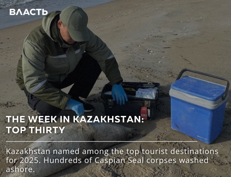 On a sandy beach, a person in a green jacket and hat, wearing blue gloves, examines a dead seal near a black toolbox and a blue cooler, with text stating "THE WEEK IN KAZAKHSTAN: TOP THIRTY" and "Kazakhstan named among the top tourist destinations for 2025. Hundreds of Caspian Seal corpses washed ashore."