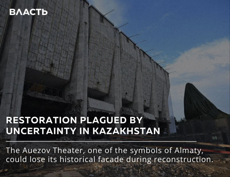 A low-angle shot shows the Auezov Theater under a blue sky with clouds, accompanied by the text 'RESTORATION PLAGUED BY UNCERTAINTY IN KAZAKHSTAN'.