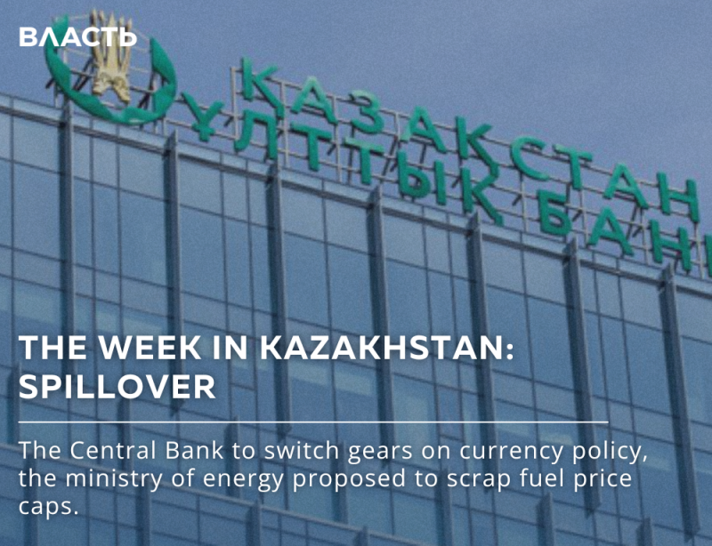 A building with the inscription "KAZAKHSTAN ULTTYK BANKI" in green letters on top. The text overlay reads "THE WEEK IN KAZAKHSTAN: SPILLOVER" along with a news snippet about the Central Bank's currency policy and the energy ministry's fuel price caps proposal.
