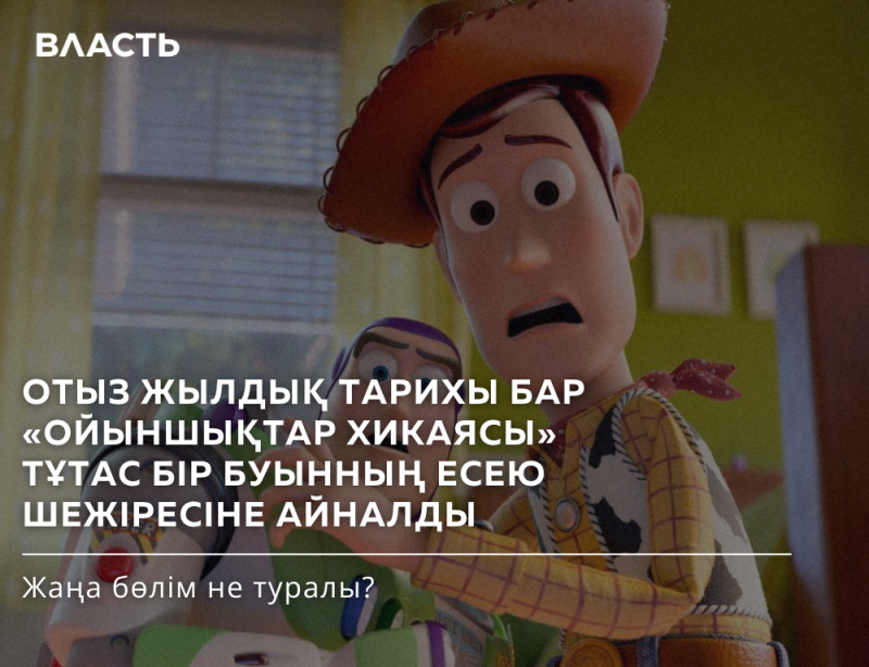 Woody from Toy Story, wearing a cowboy hat, yellow checkered shirt, and cow-print vest, looks surprised or worried, with part of Buzz Lightyear visible below. White text overlay reads: "ВЛАСТЬ" (POWER), "TOY STORY, WITH A THIRTY-YEAR HISTORY, HAS BECOME THE GROWTH CHRONICLE OF AN ENTIRE GENERATION. WHAT IS THE NEW PART ABOUT?"