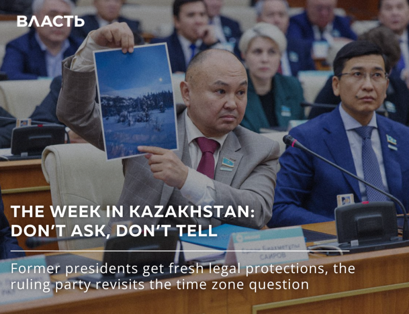 A man in a suit is holding up a picture of a snowy landscape, while a headline reads "THE WEEK IN KAZAKHSTAN: DON'T ASK, DON'T TELL," and text below states, "Former presidents get fresh legal protections, the ruling party revisits the time zone question."