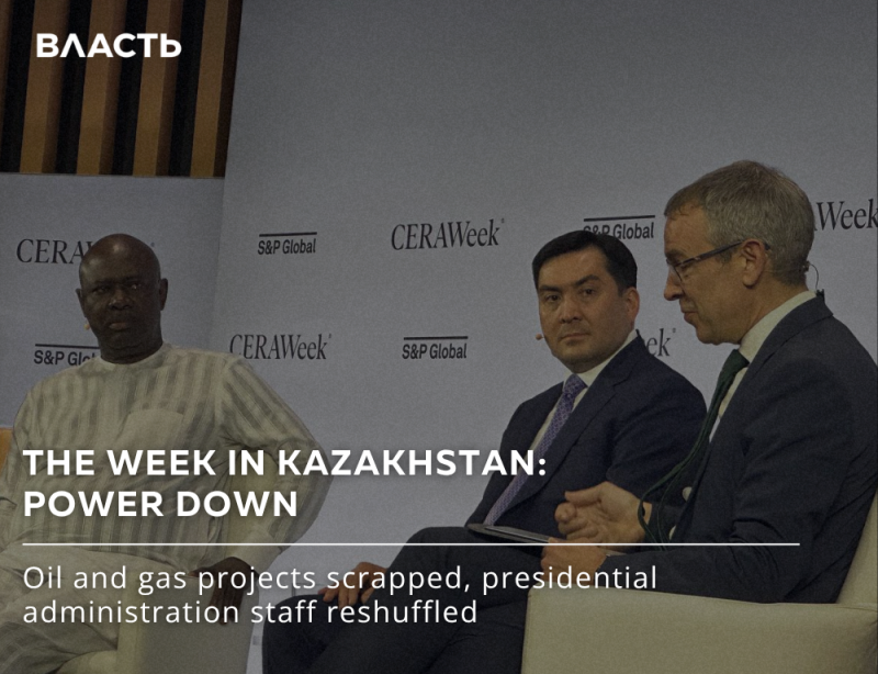 На изображении трое мужчин в костюмах сидят на фоне баннера с логотипами "CERAWeek" и "S&P Global". Текст на изображении гласит: "НЕДЕЛЯ В КАЗАХСТАНЕ: ПАДЕНИЕ ЭНЕРГЕТИКИ. Отмена нефтегазовых проектов, перестановка кадров в администрации президента". Логотип "ВЛАСТЬ" находится в верхнем левом углу.