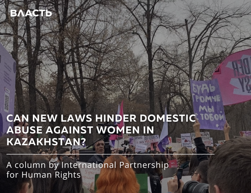 A crowd of people is seen holding signs at a rally. The text on the image reads, "CAN NEW LAWS HINDER DOMESTIC ABUSE AGAINST WOMEN IN KAZAKHSTAN?"