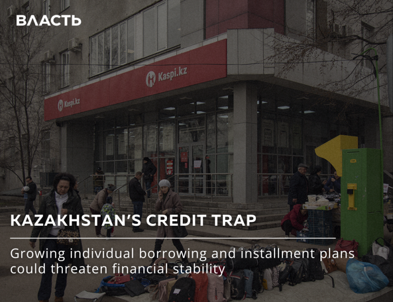 A Kaspi.kz bank branch is shown with people walking outside; the image includes the text "KAZAKHSTAN'S CREDIT TRAP: Growing individual borrowing and installment plans could threaten financial stability."