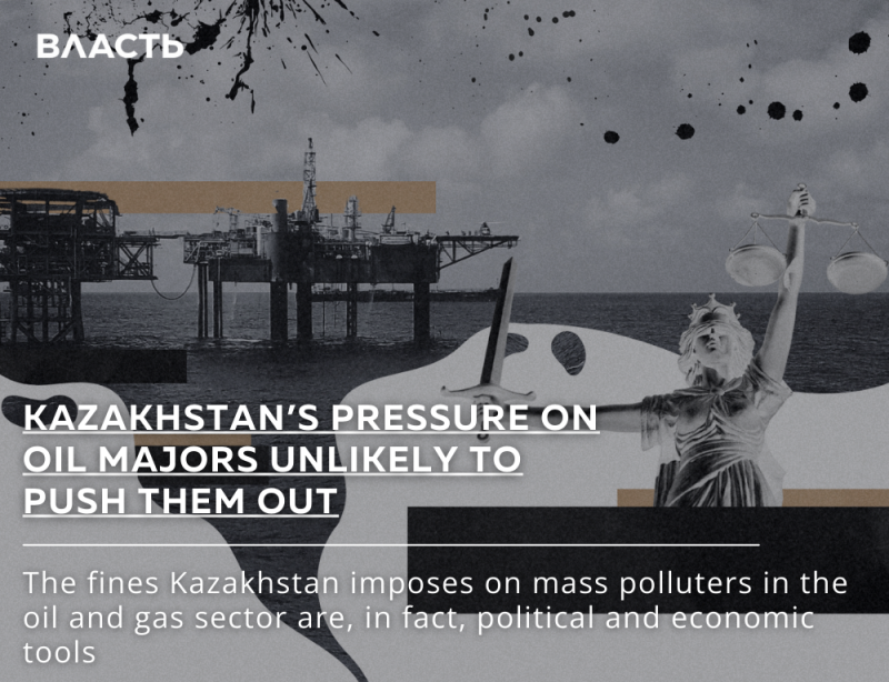 The image shows an oil rig at sea, a statue of justice, and splatters of black ink. The text reads "KAZAKHSTAN'S PRESSURE ON OIL MAJORS UNLIKELY TO PUSH THEM OUT."