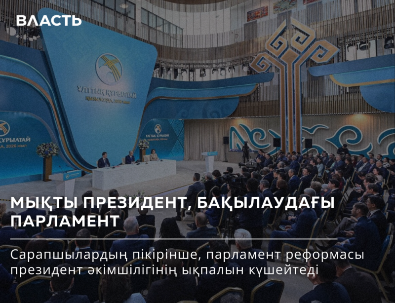 A conference room with an audience facing a stage with speakers, adorned with the text "ҰЛТТЫҚ ҚҰРЫЛТАЙ" and the headline "МЫҚТЫ ПРЕЗИДЕНТ, БАҚЫЛАУДАҒЫ ПАРЛАМЕНТ."