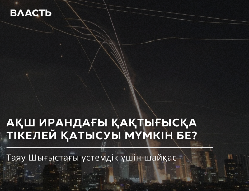 The image shows a dark cityscape at night with light streaks in the sky, overlaid with white text in Kazakh. The text reads "ВЛАСТЬ" at the top, followed by "АҚШ ИРАНДАҒЫ ҚАҚТЫҒЫСҚА ТІКЕЛЕЙ ҚАТЫСУЫ МҮМКІН БЕ?" and "Таяу Шығыстағы үстемдік үшін шайқас".