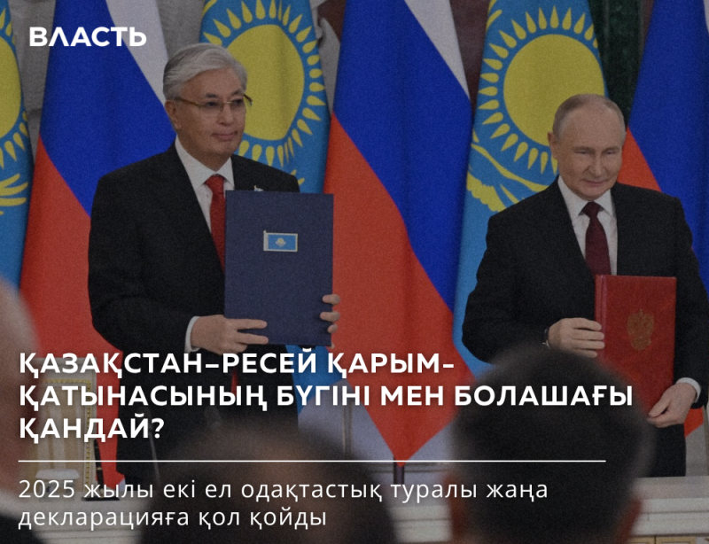 На изображении двое мужчин в костюмах держат документы на фоне флагов Казахстана и России; текст на изображении гласит: "ҚАЗАҚСТАН-РЕСЕЙ ҚАРЫМ-ҚАТЫНАСЫНЫҢ БҮГІНІ МЕН БОЛАШАҒЫ ҚАНДАЙ?" и "2025 жылы екі ел одақтастық туралы жаңа декларацияға қол қойды".