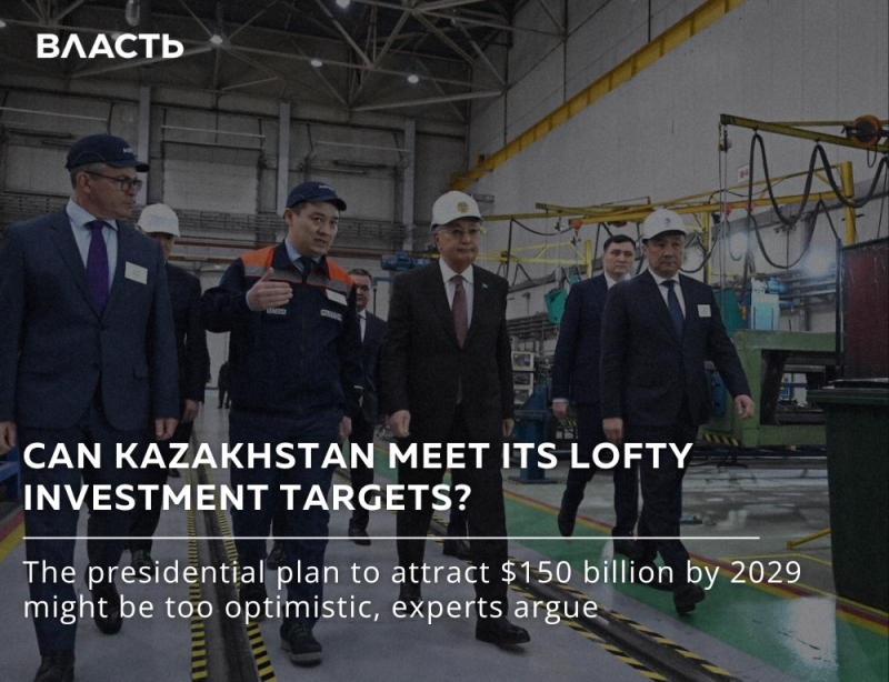 A group of men in business attire and hard hats walks through a factory setting, with the headline "CAN KAZAKHSTAN MEET ITS LOFTY INVESTMENT TARGETS?" and the text "The presidential plan to attract $150 billion by 2029 might be too optimistic, experts argue" visible at the bottom.