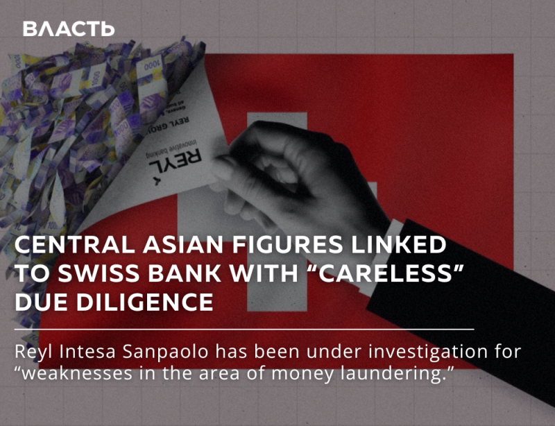 The image shows a Swiss flag being peeled back to reveal a pile of banknotes and a hand holding a piece of paper with 'REYL innovative banking' written on it, along with the text 'CENTRAL ASIAN FIGURES LINKED TO SWISS BANK WITH "CARELESS" DUE DILIGENCE' and 'Reyl Intesa Sanpaolo has been under investigation for "weaknesses in the area of money laundering."'.