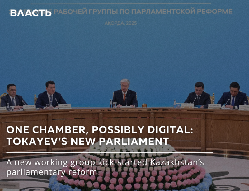 Five men are sitting at a long table under a banner that reads "VLACTb РАБОЧЕЙ ГРУППЫ ПО ПАРЛАМЕНТСКОЙ РЕФОРМЕ АҚОРДА, 2025". The text below reads "ONE CHAMBER, POSSIBLY DIGITAL: TOKAYEV'S NEW PARLIAMENT. A new working group kick-started Kazakhstan's parliamentary reform."