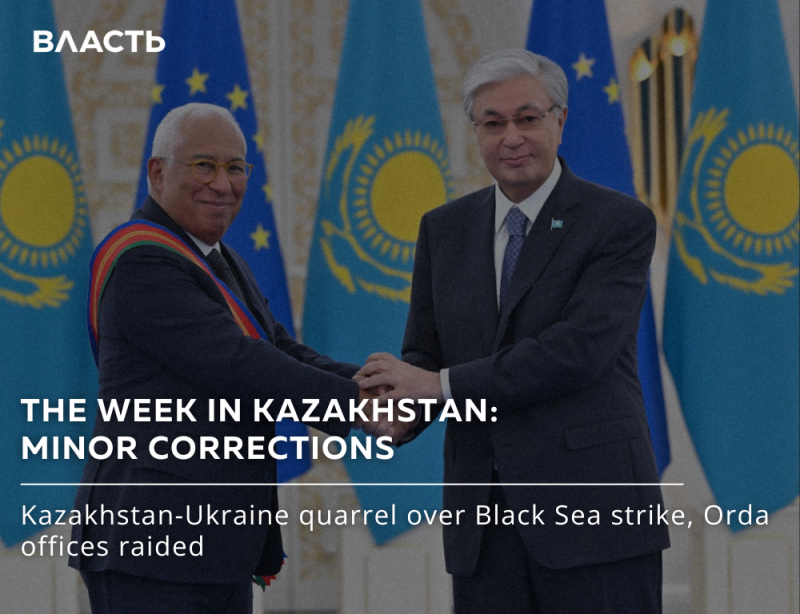 Two men in suits are shaking hands in front of Kazakh flags, with text that reads 'THE WEEK IN KAZAKHSTAN: MINOR CORRECTIONS' and 'Kazakhstan-Ukraine quarrel over Black Sea strike, Orda offices raided'.