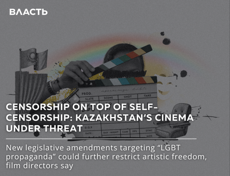 The image is a graphic with the text "Censorship on top of self-censorship: Kazakhstan's cinema under threat," and a description of new legislative amendments targeting "LGBT propaganda". The visual elements include a Kazakhstan flag, a clapperboard, a rainbow, and a director's chair.