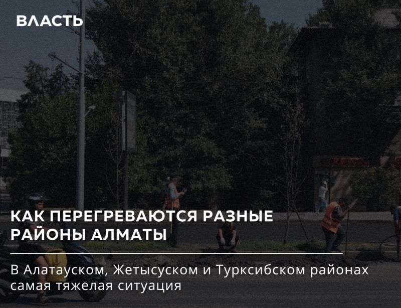 Уличная сцена с рабочими, деревьями и человеком на мотоцикле, на которую наложен белый текст. Текст гласит: «ВЛАСТЬ» сверху, «КАК ПЕРЕГРЕВАЮТСЯ РАЗНЫЕ РАЙОНЫ АЛМАТЫ» посередине и «В Алатауском, Жетысуском и Турксибском районах самая тяжелая ситуация» внизу.
